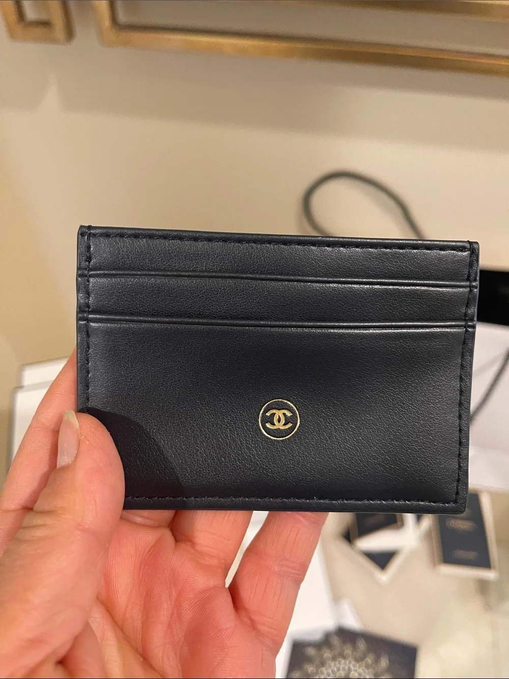 CHANEL Men’s Black Wallet & White Gift Presentation Set with Navy Accents